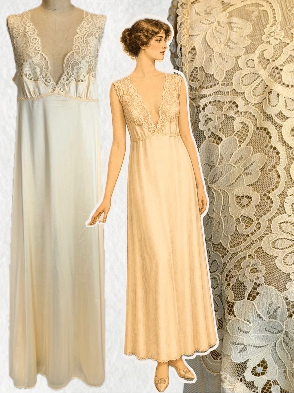 VINTAGE 80s peach silky nylon long maxi nightgown evening slip dress lace v neck